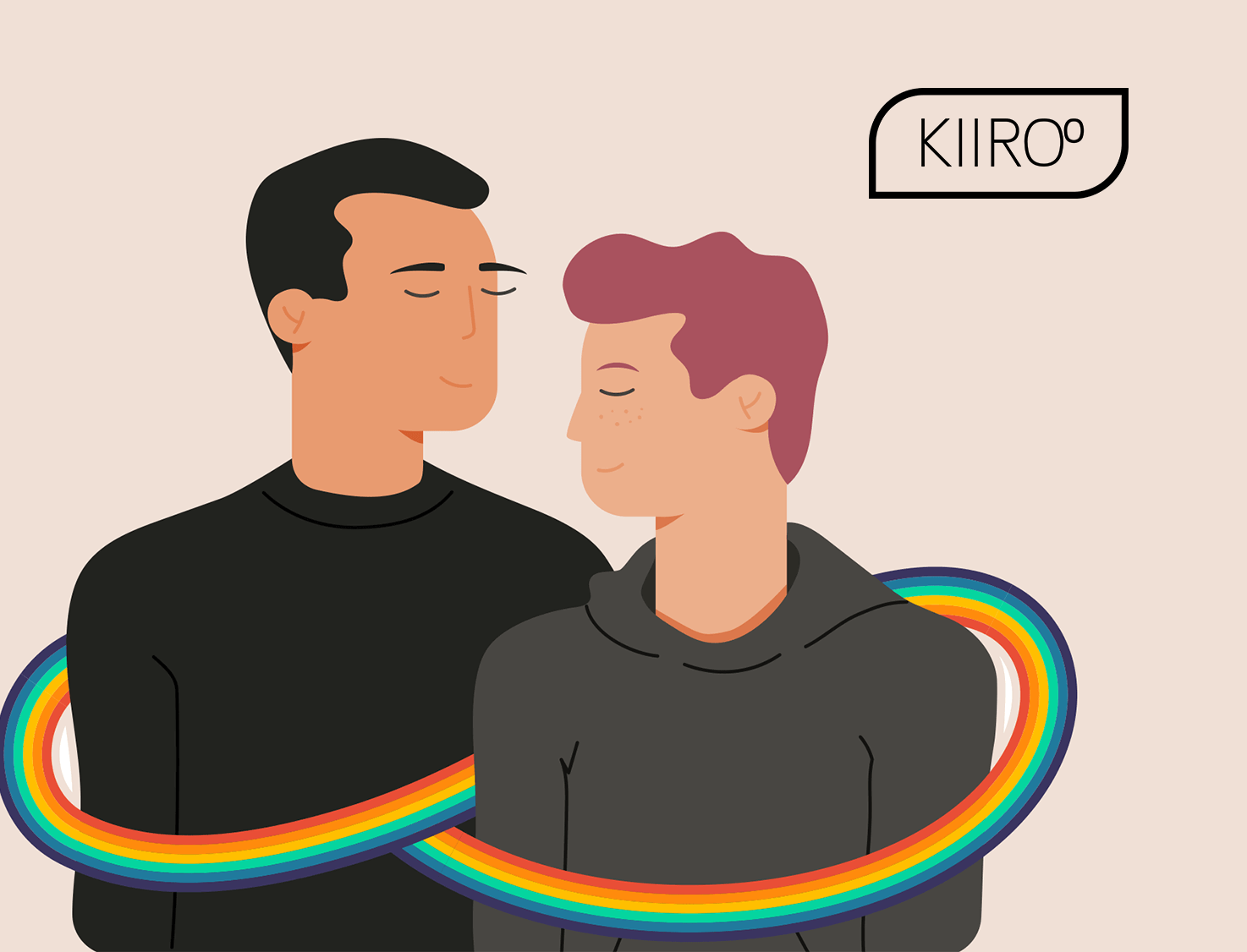 gay couple wrapped around a a pride ribbon