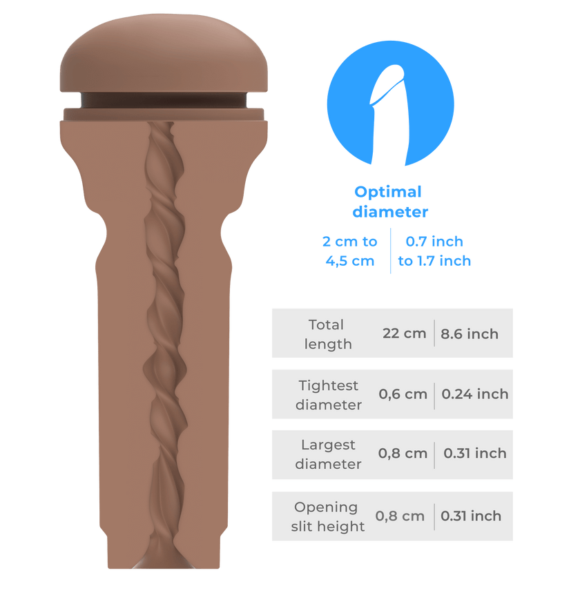 KIIROO-Inner tunnel of the Feel stroker extra butt mid-brown with detailed size diagram