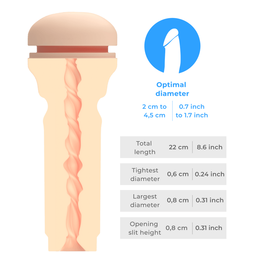KIIROO-Inner tunnel of the Feel stroker extra tight butt with detailed size diagram