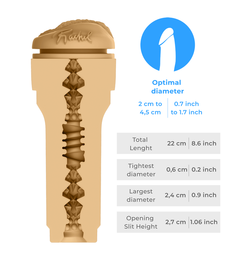 KIIROO-Inner tunnel of the FeelRachel stroker with detailed size diagram