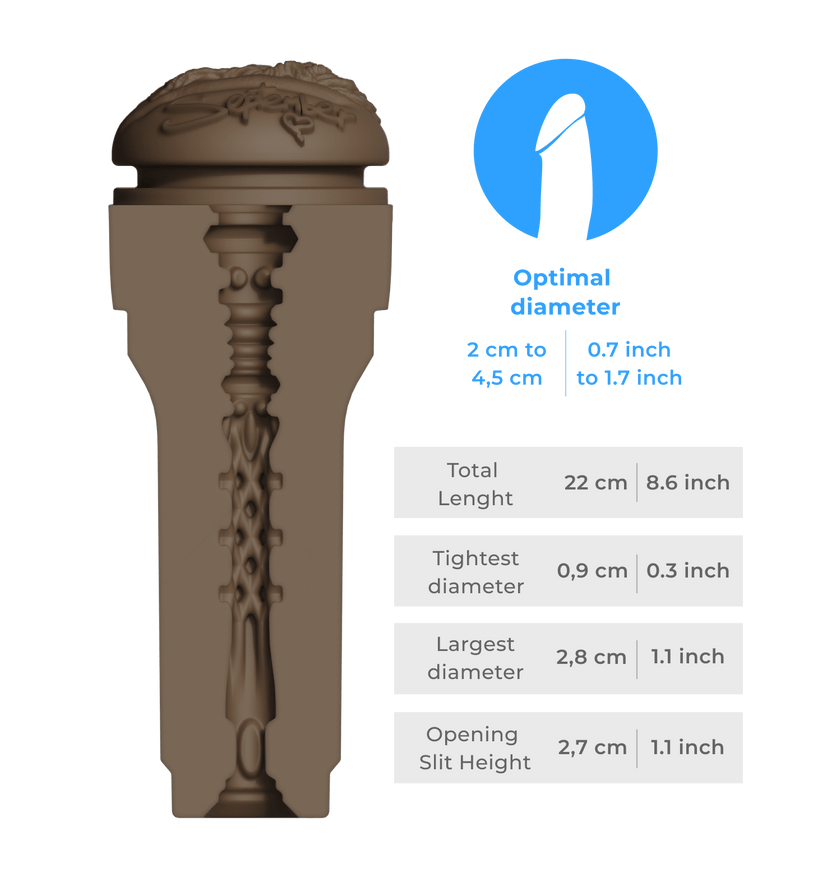KIIROO-Inner tunnel of the FeelSeptember stroker with detailed size diagram