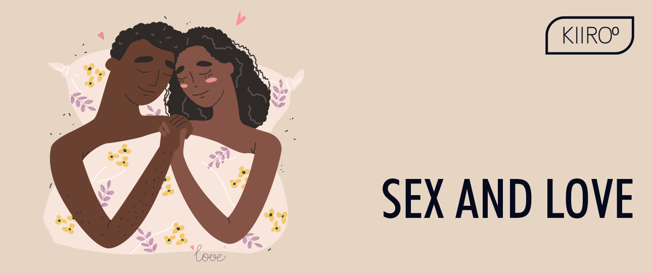 couples embracing each other in bed and text saying sex and love