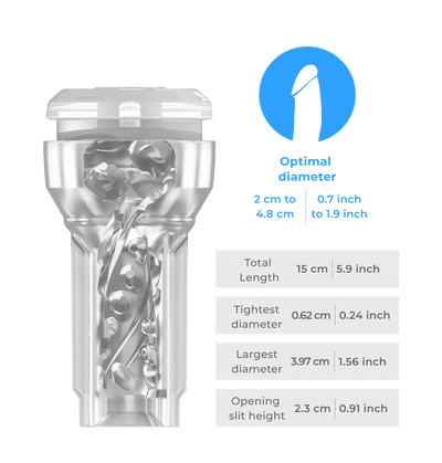 Inner tunnel of the Feel pocket stroker crystal with detailed size diagram