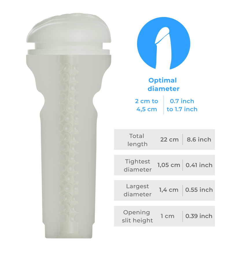KIIROO-Inner tunnel of the FeelGlow stroker with detailed size diagram