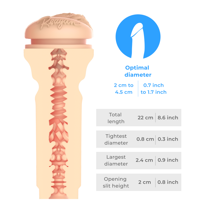 KIIROO-Inner tunnel of the FeelReagan stroker with detailed size diagram