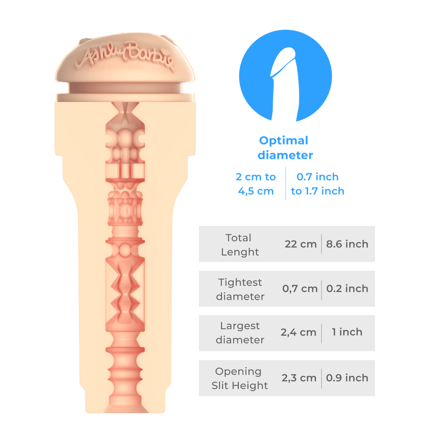 KIIROO-Inner tunnel of the FeelAshley stroker with detailed size diagram